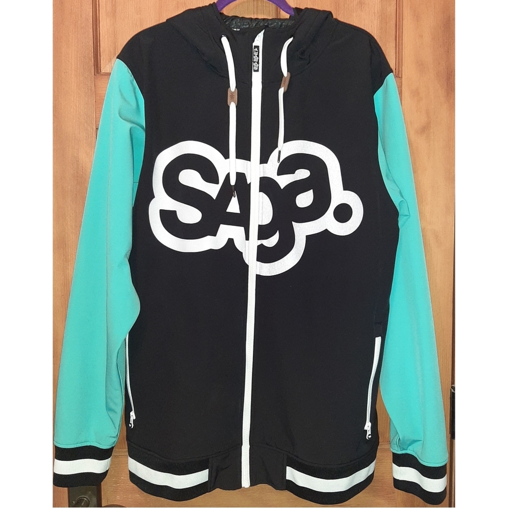 Saga Outerwear, Hooded Snowboard Jacket, Black, Turquoise & White, Men's L